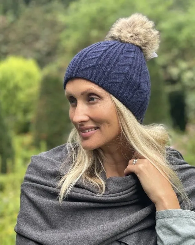 Cable Knit Pom Pom Hat - Navy Blue