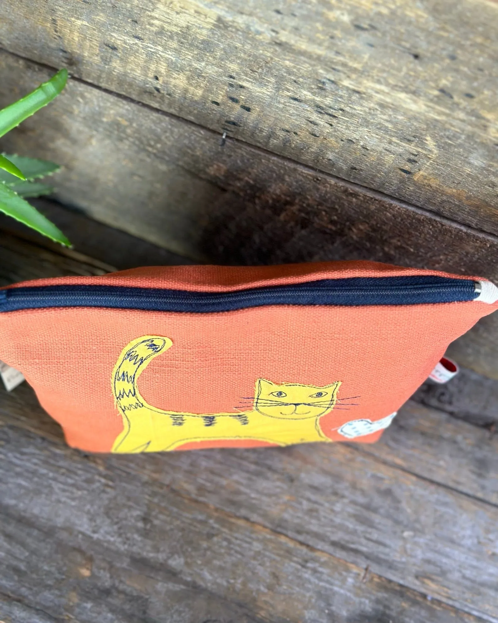 Canvas Make Up Bag With Embroidered Cat - Burnt Orange