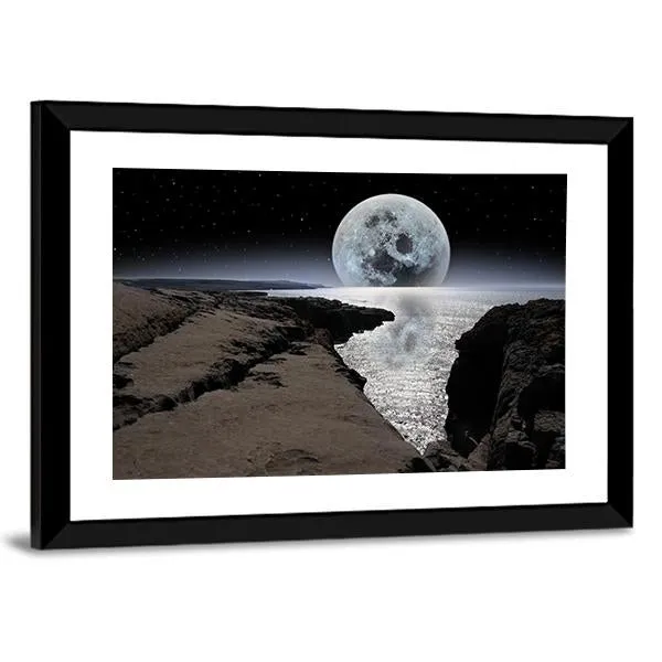 Coastline With Bright Moon Canvas Wall Art