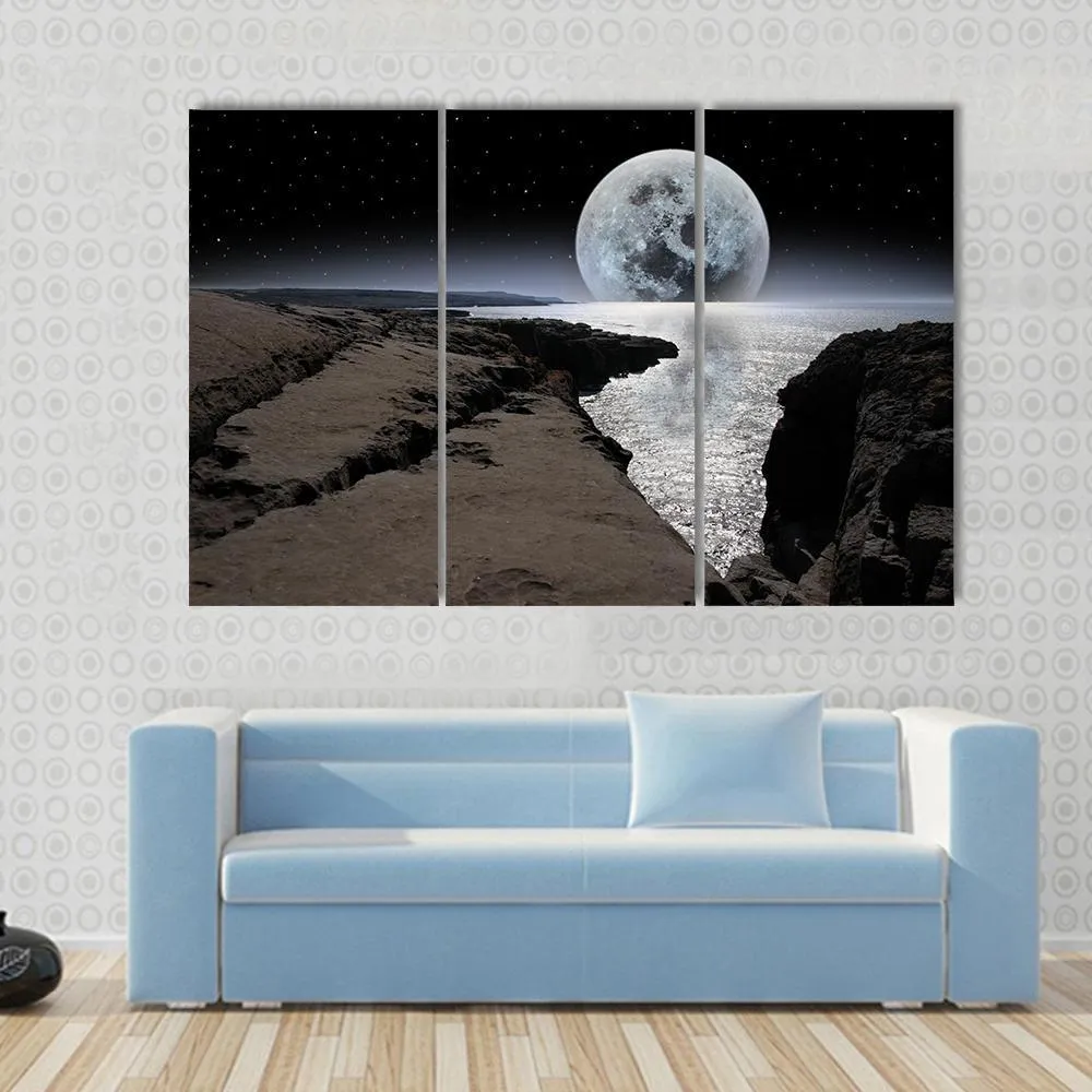 Coastline With Bright Moon Canvas Wall Art