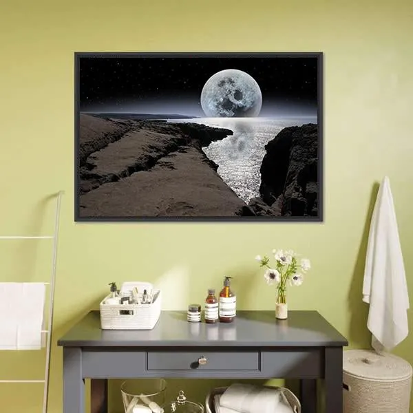 Coastline With Bright Moon Canvas Wall Art