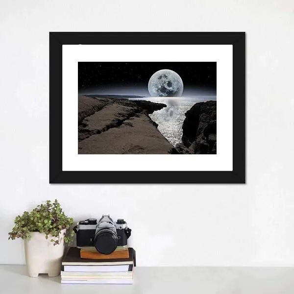 Coastline With Bright Moon Canvas Wall Art