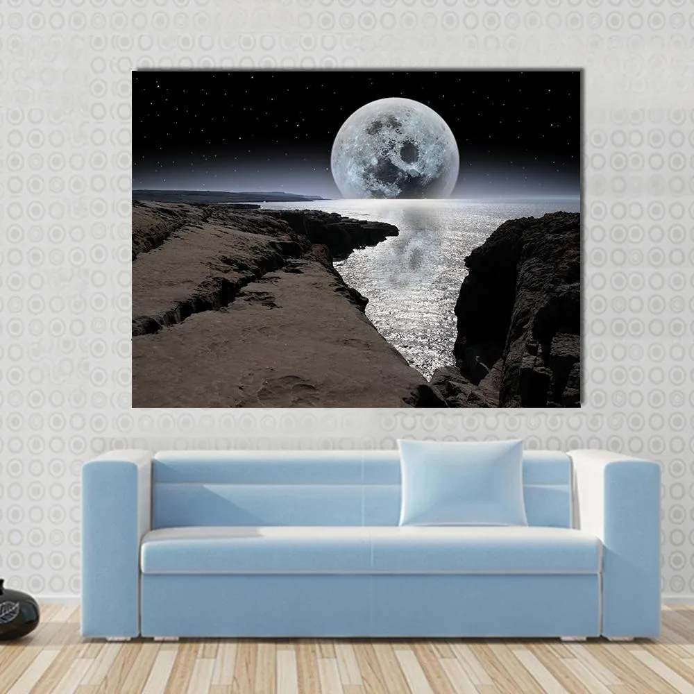 Coastline With Bright Moon Canvas Wall Art