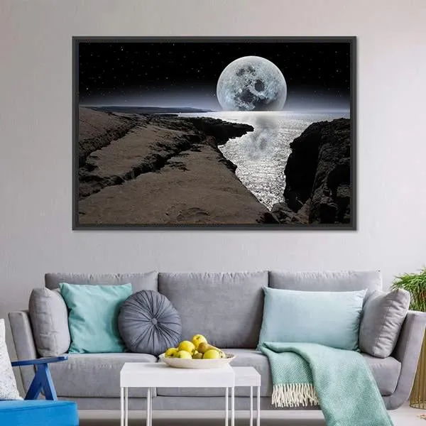 Coastline With Bright Moon Canvas Wall Art