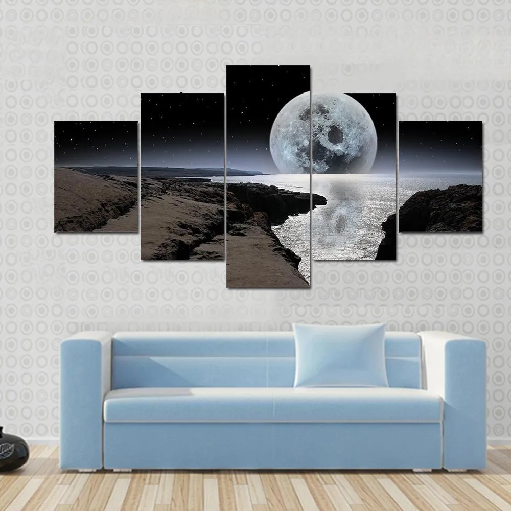 Coastline With Bright Moon Canvas Wall Art