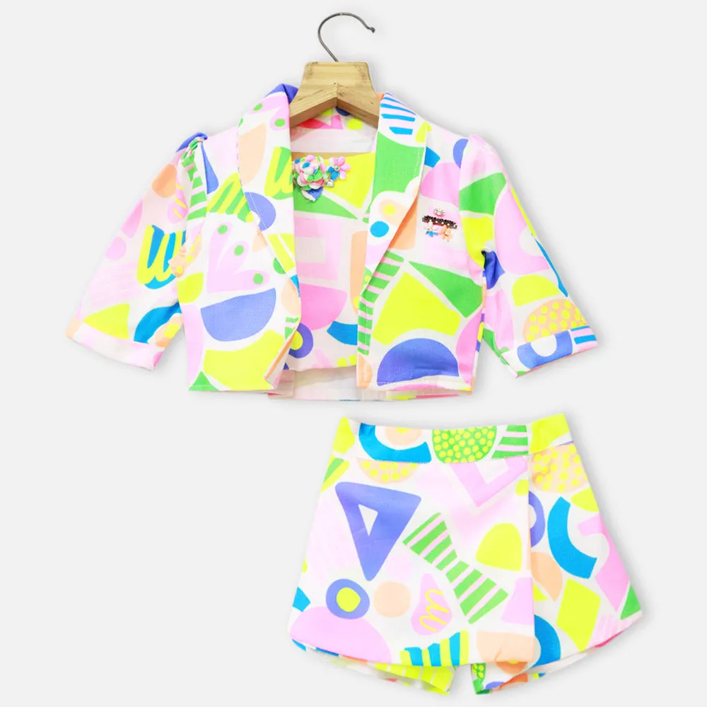 Colorful Printed Blazer With Crop Top & Skort Co-Ord Set