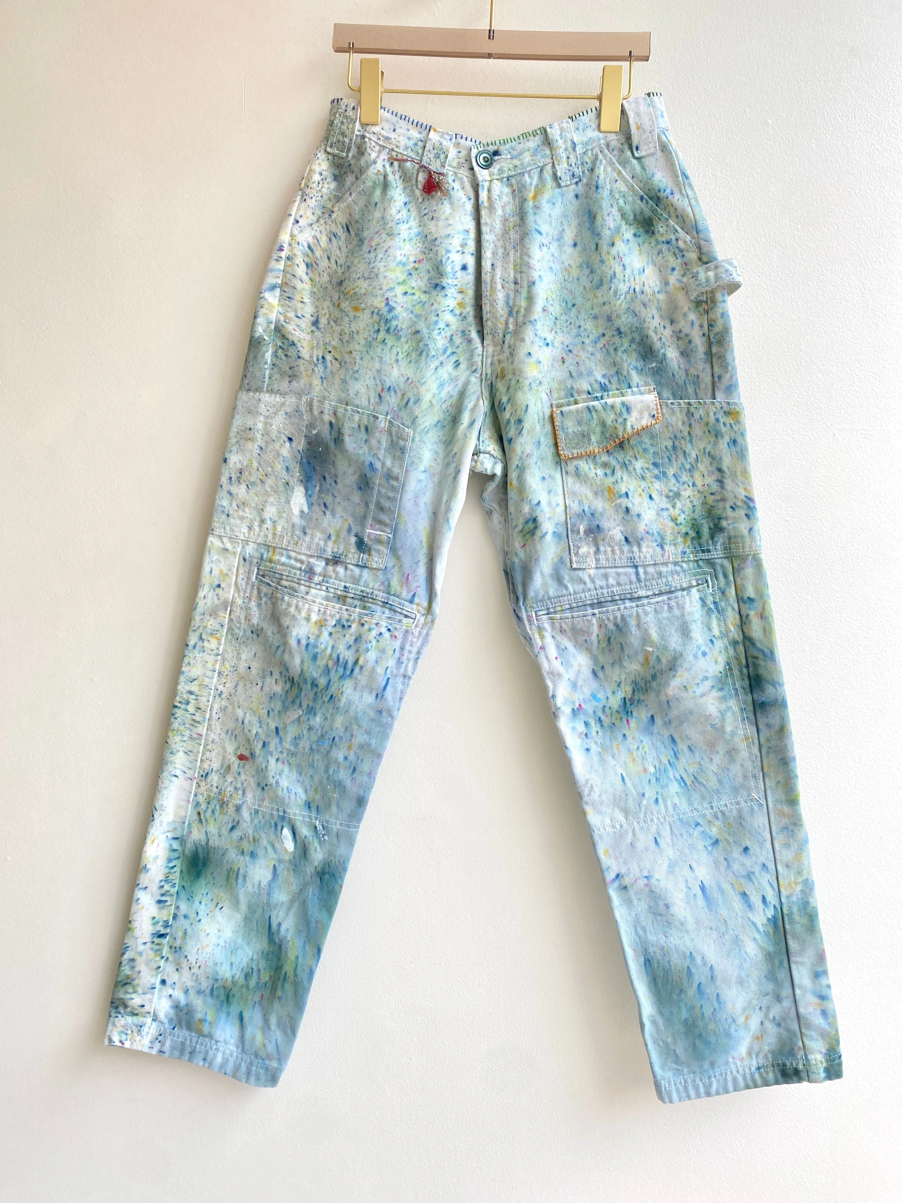 Hand Embroidered Blue & Green Splatter Dyed Pants w/ Cracker Jack Charm (Reworked)