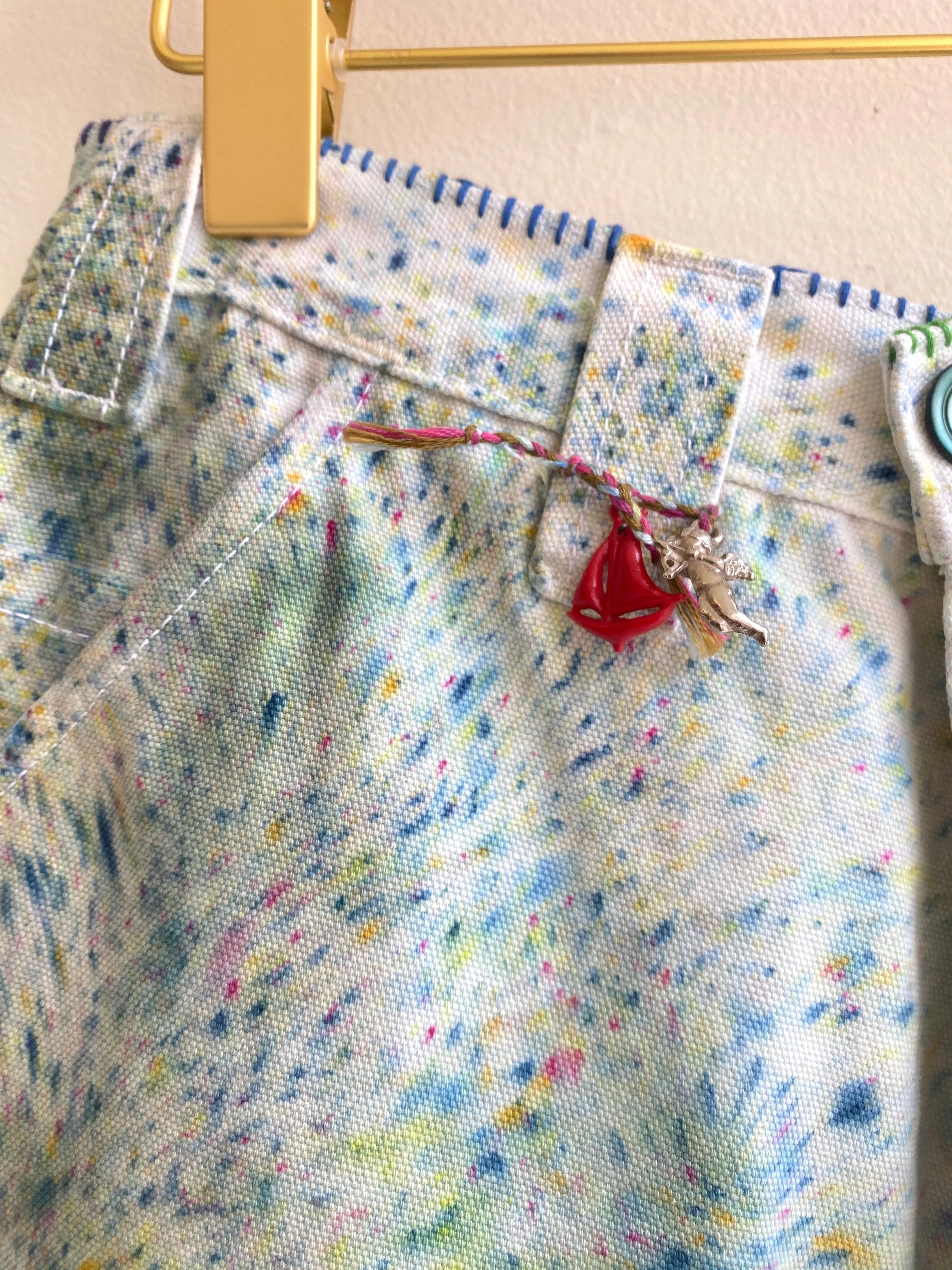 Hand Embroidered Blue & Green Splatter Dyed Pants w/ Cracker Jack Charm (Reworked)