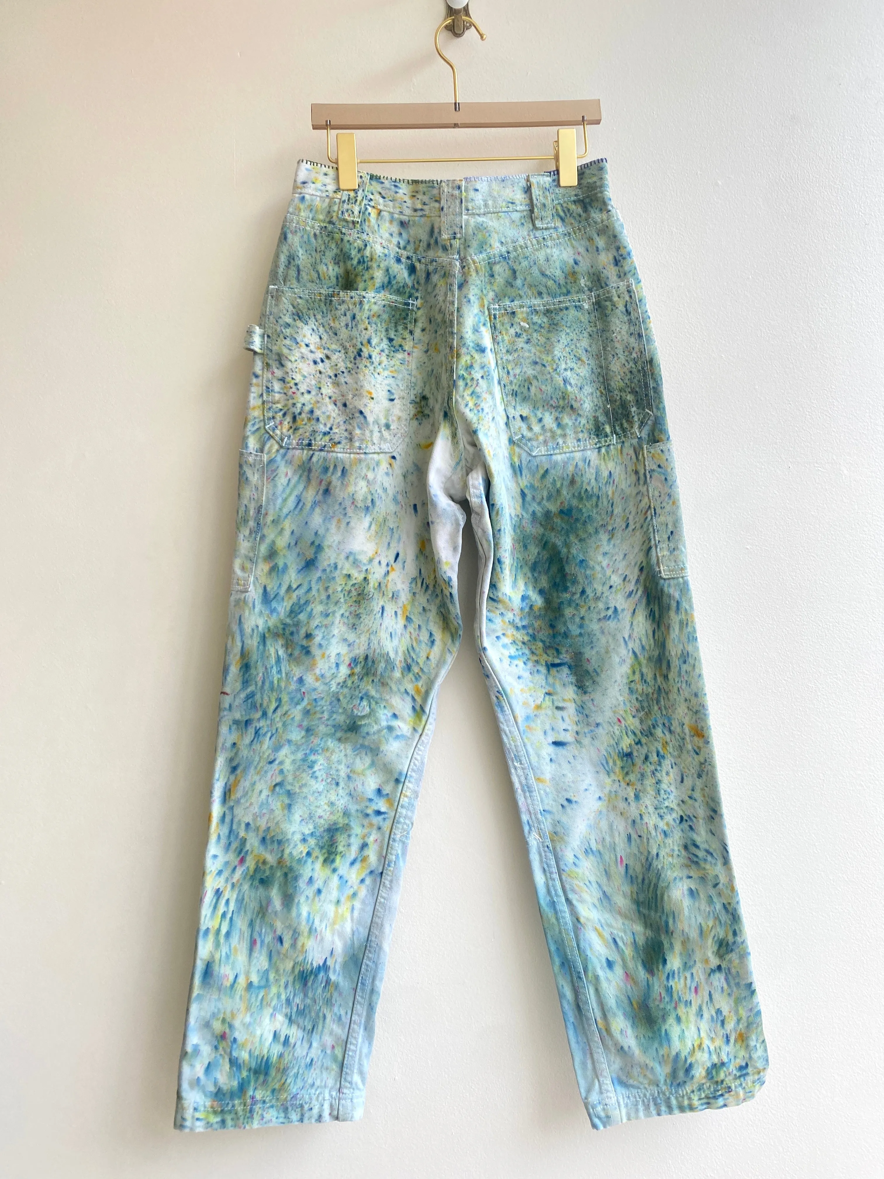 Hand Embroidered Blue & Green Splatter Dyed Pants w/ Cracker Jack Charm (Reworked)