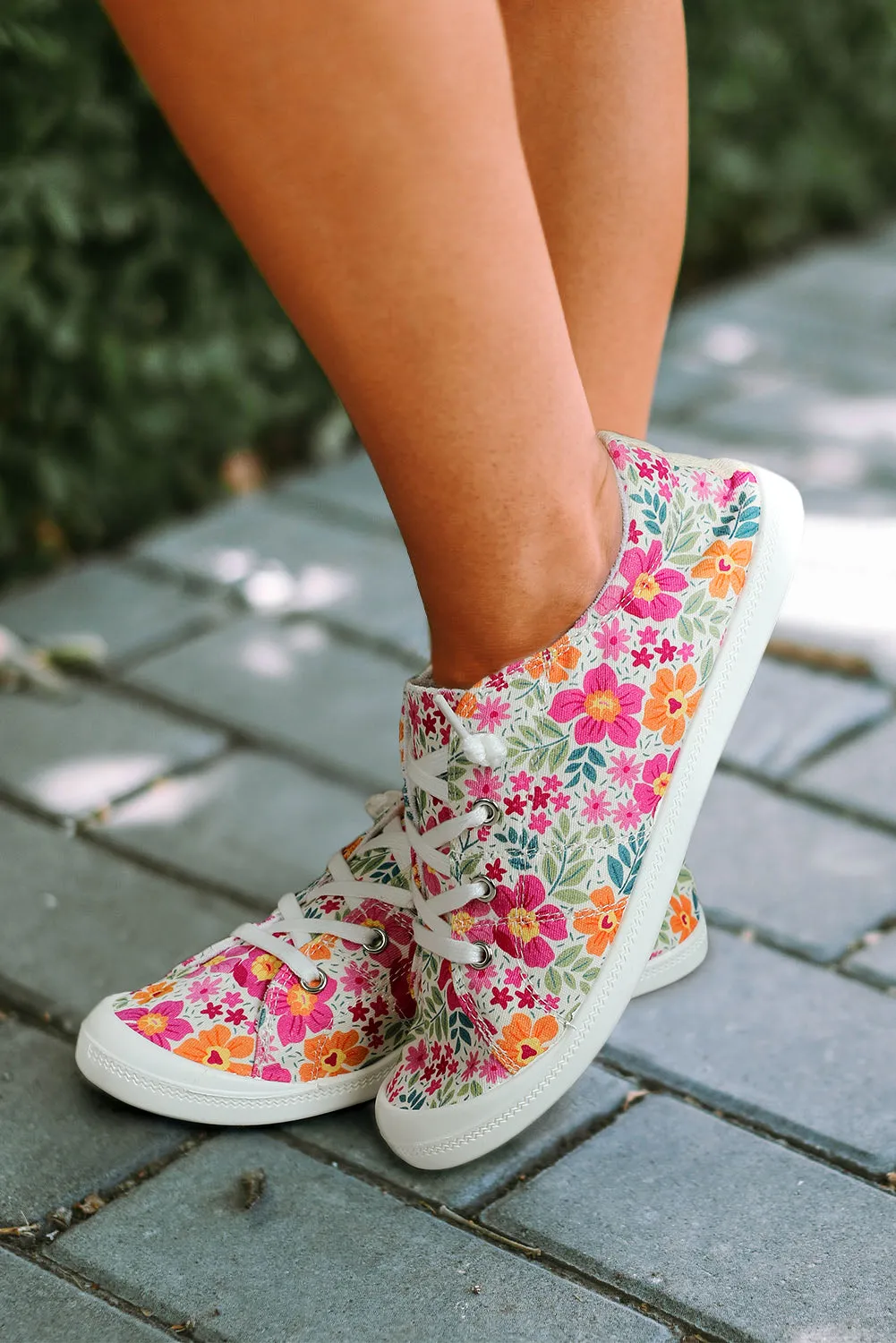 Womens Floral Print Lace-up Canvas Shoes Slip On Sneakers